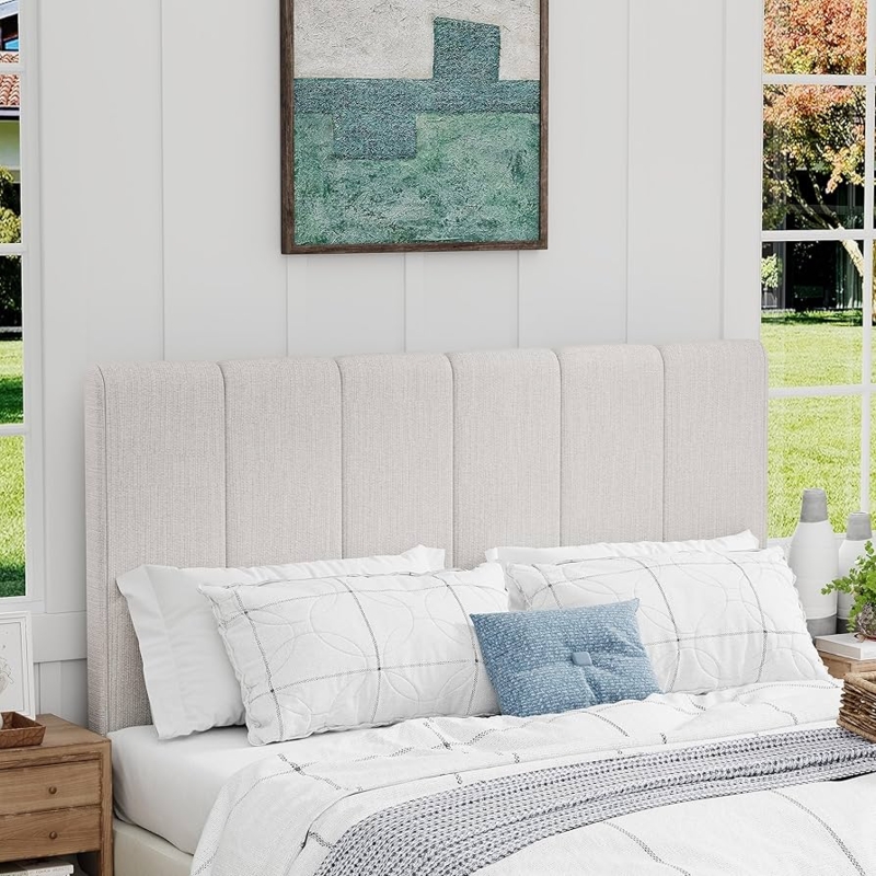 Headboard featuring Vertical Channel Tufting in Grayish White Linen