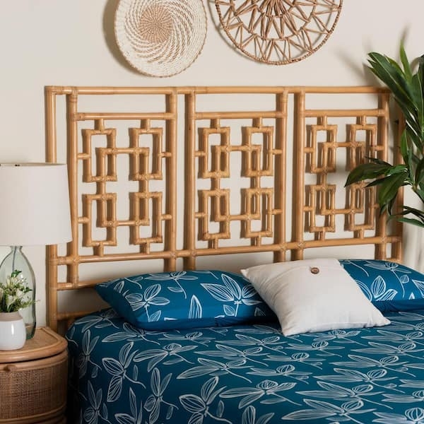 Headboard Geometric Fretwork Honey Rattan Open Frame Coastal Boho Decor