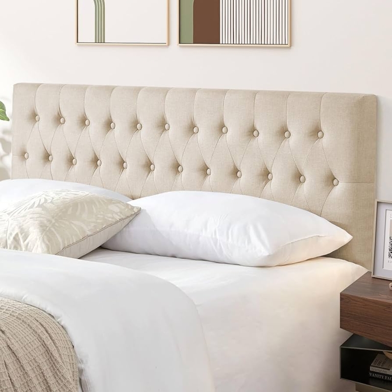 Headboard in Warm Beige Linen Fabric with Classic Button Tufting