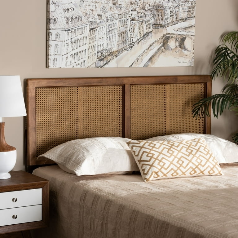 Headboard Mid Century Ash Walnut Finish Woven Rattan Split Panels