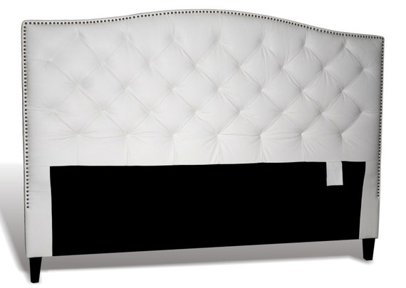 Headboard White Leather Diamond Tufted Pewter Nailhead Trim Arched