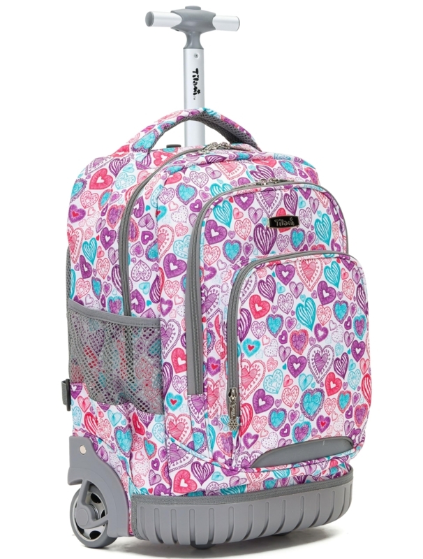 Heart Print Rolling Backpack with Armored Bottom and Mesh Pocket
