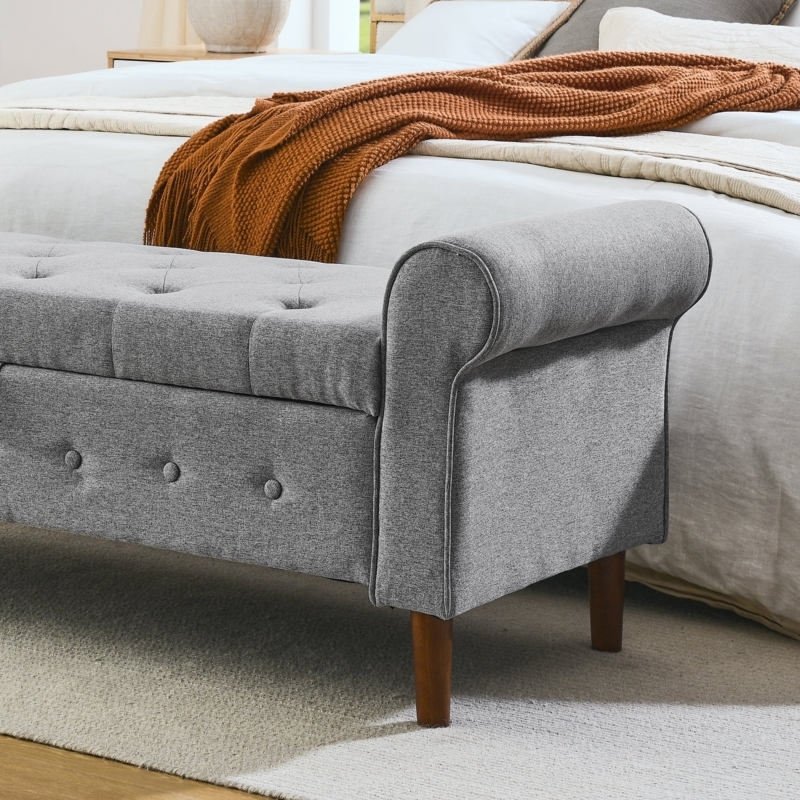 Heather Grey Storage Bench with Rolled Arms, Tufting and Side Buttons