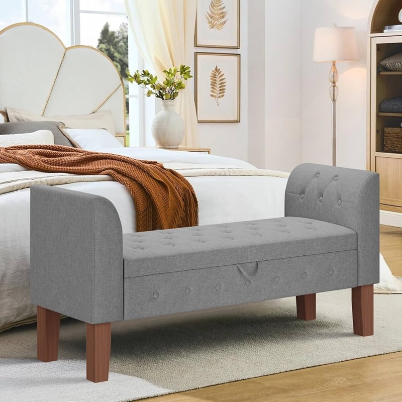 Heathered Gray Storage Bench with Curved Arms and Button Tufting