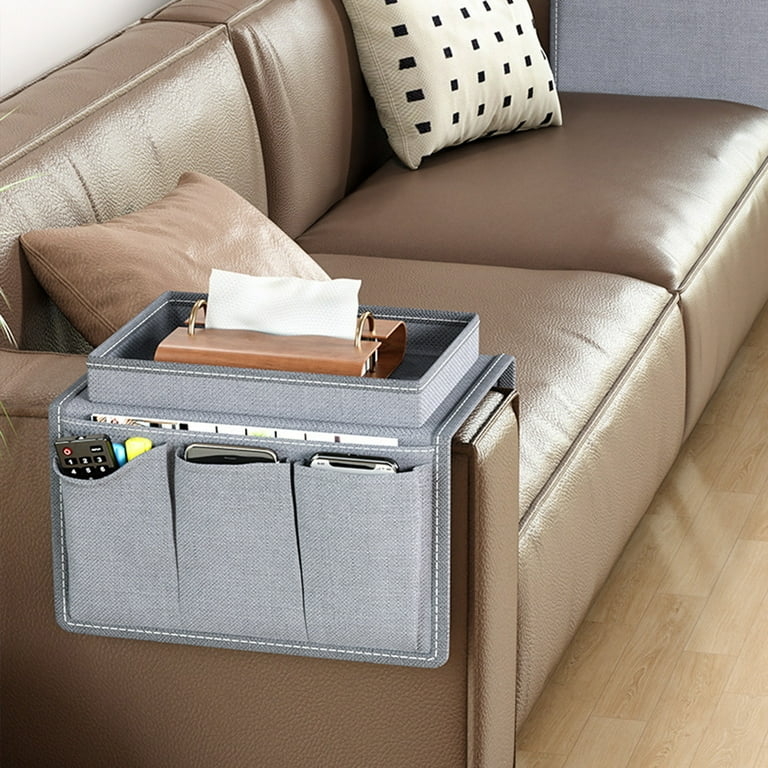 Heathered Grey Sofa Armrest Organizer Top Tray White Stitching