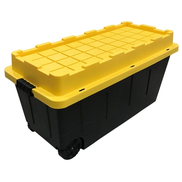 Heavy Duty Black Storage Tote with Reinforced Bright Yellow Lid