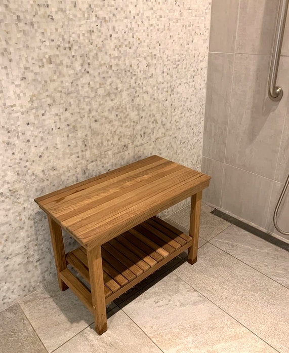 Heavy Duty Shower Bench Slatted Storage Shelf, Water Drainage Gaps Wood