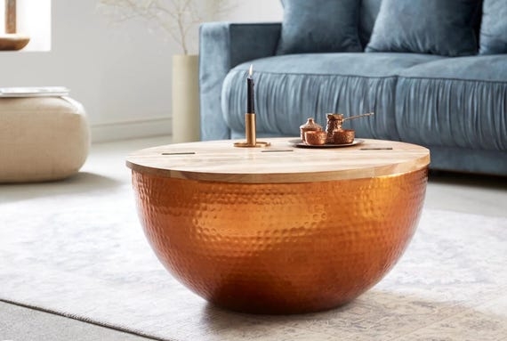 Hemispherical Storage Coffee Table, Hammered Copper and Wood Contrast