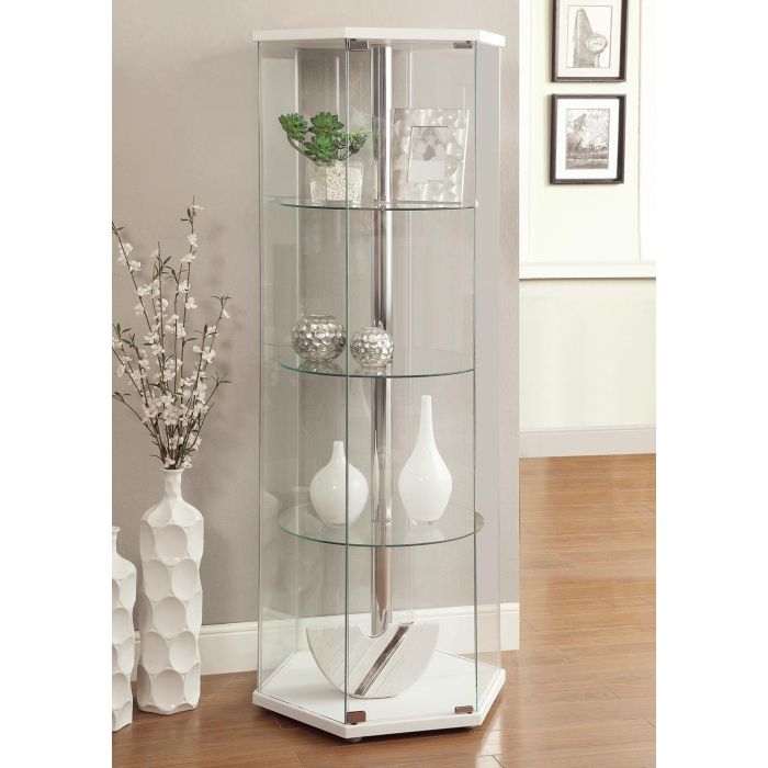 Hexagonal Glass Display Case Frameless Design Central Pillar White