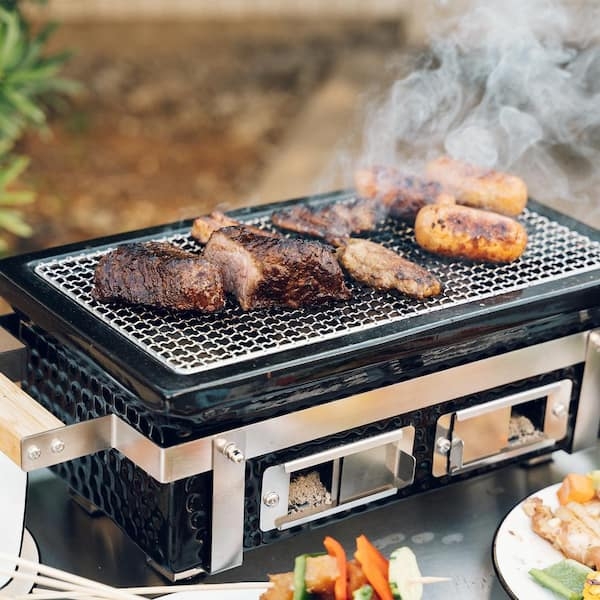 Hibachi Grill Textured Black Wooden Side Handles Modern Patio Grill