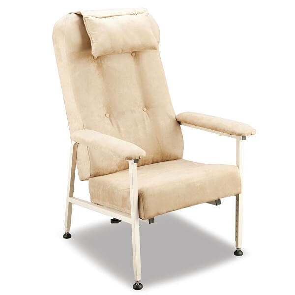 High-Back Armchair with Adjustable Legs | Warm Beige Button-Tufted Chair