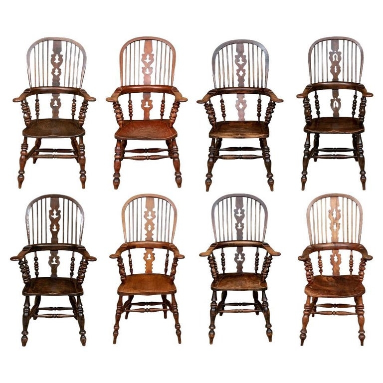 High Back Windsor Chairs Set Broad Arms Decorative Splat