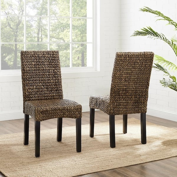 High Back Woven Seagrass Dining Chairs with Espresso Legs