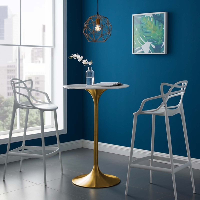 High Boy Table Polished Gold Trumpet Base White Round Top Glam