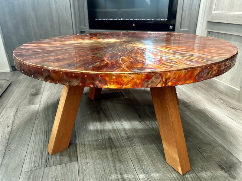 High Gloss Copper Coffee Table with Torched Sunburst Epoxy Finish