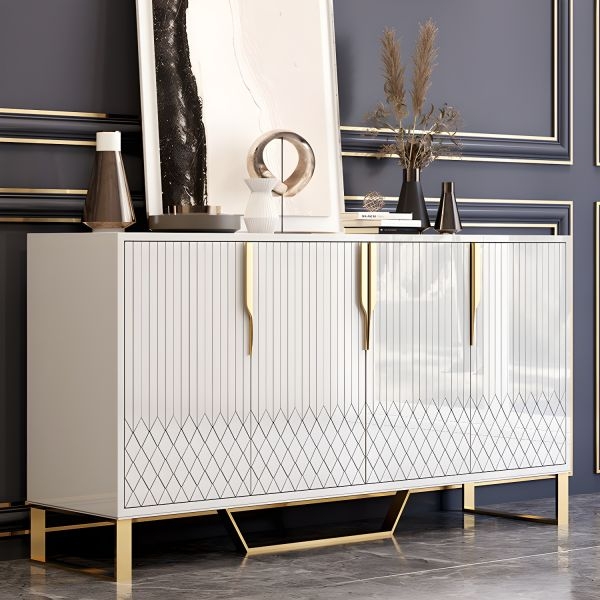 High-Gloss Sideboard with Diamond Lattice and Geometric Gold Base