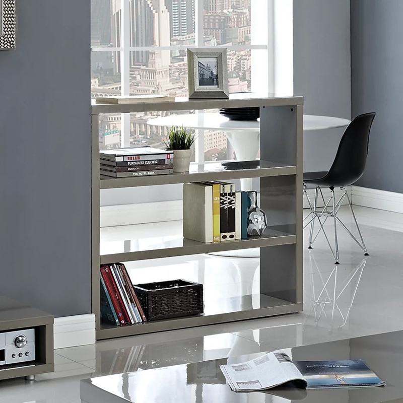 High Gloss Stone Grey Low Bookcase with Modern Open Frame Design