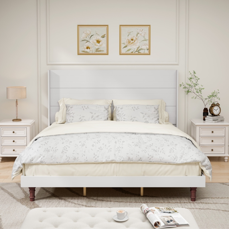 High Shiplap Headboard Bed with Turned Legs