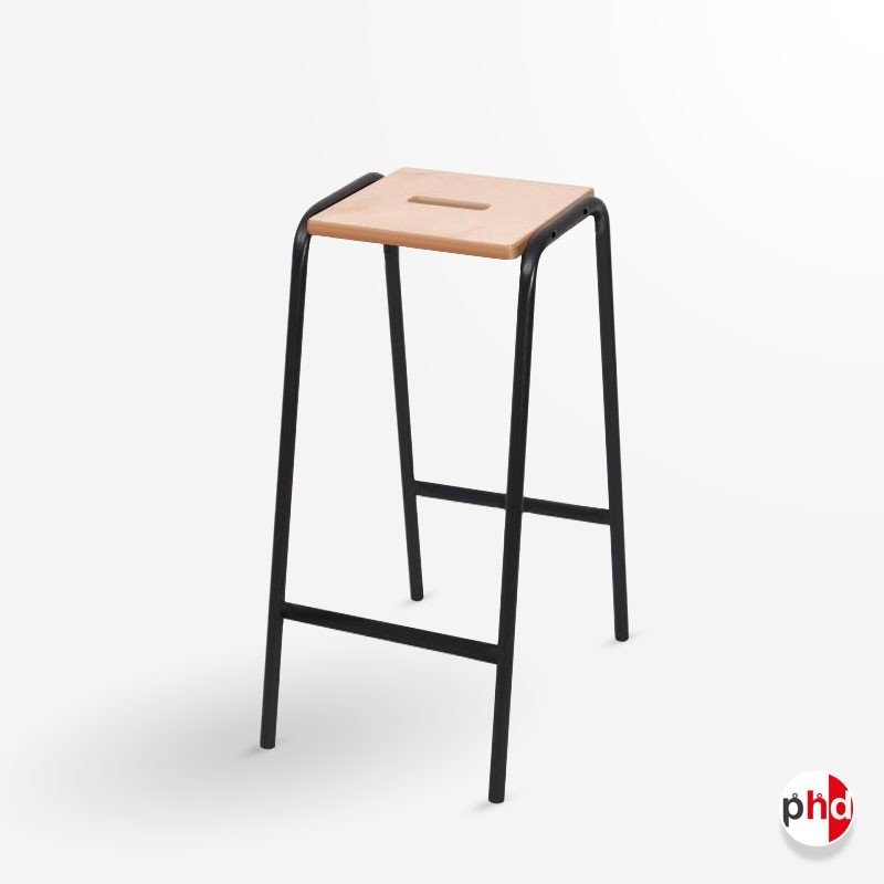 High Stool Matte Black Frame Square Wood Seat Cutout Handle