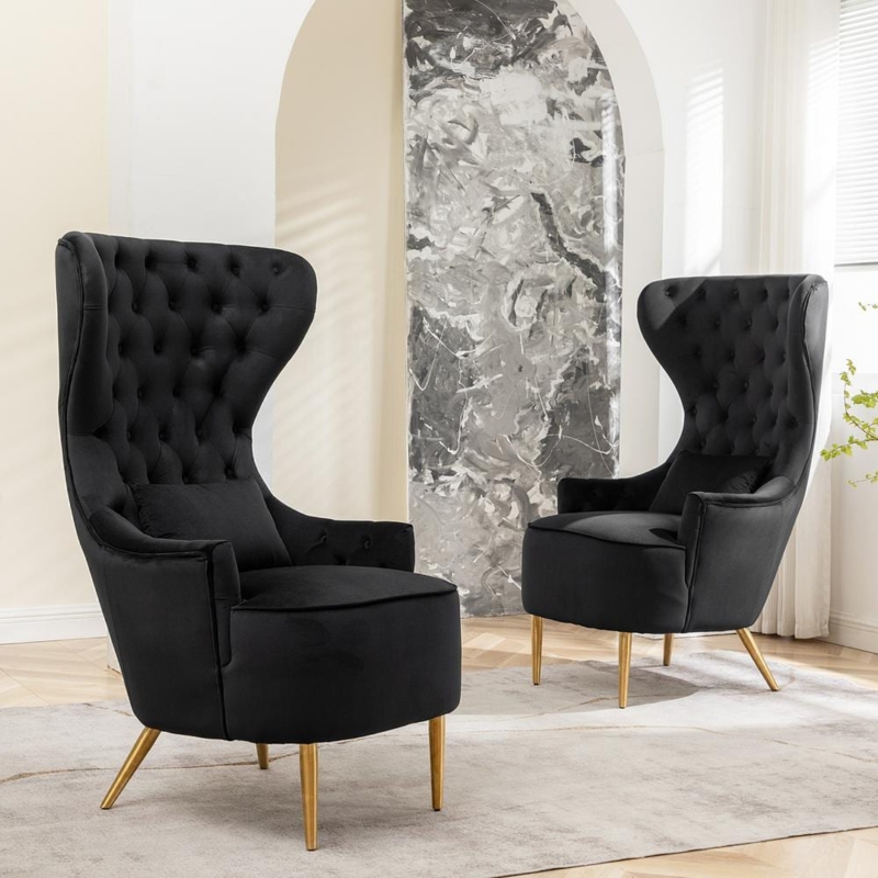 High Wingback Accent Chair in Matte Black with Diamond Tufting