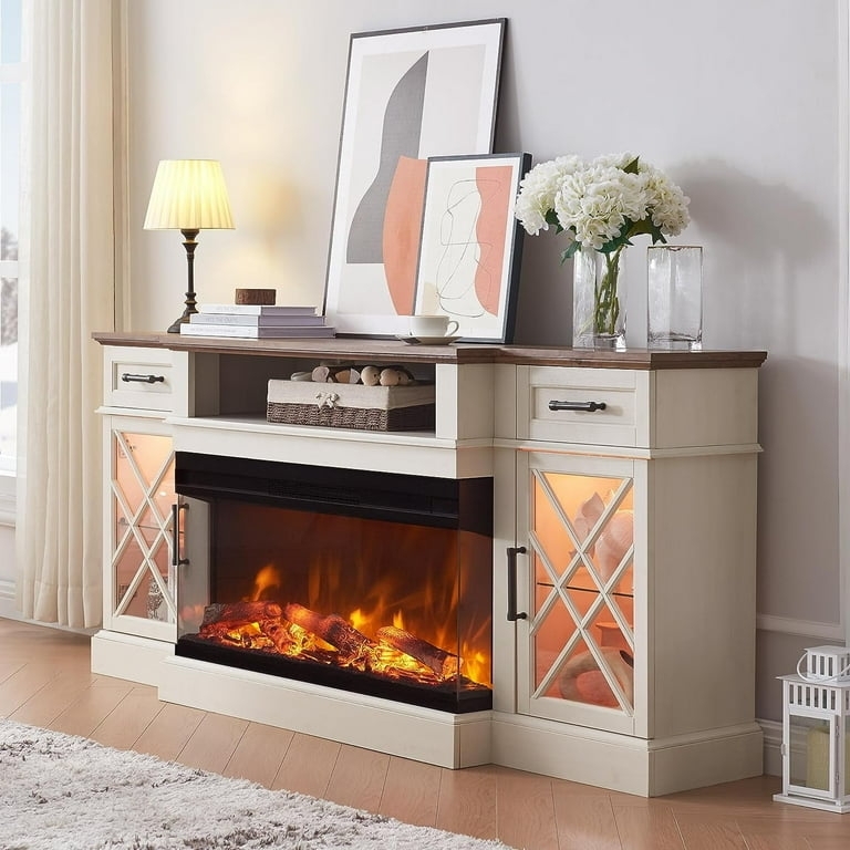 Highboy Fireplace Console Antique White X Mullion Glass Doors Storage