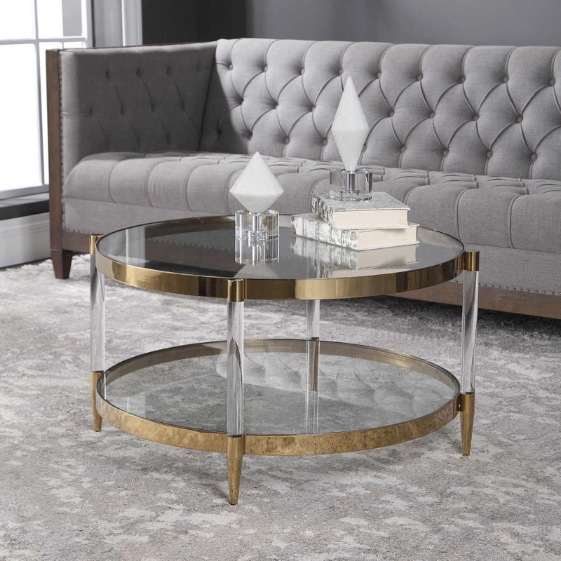 Hollywood Regency Coffee Table Gold Acrylic Legs Two Tier Glass