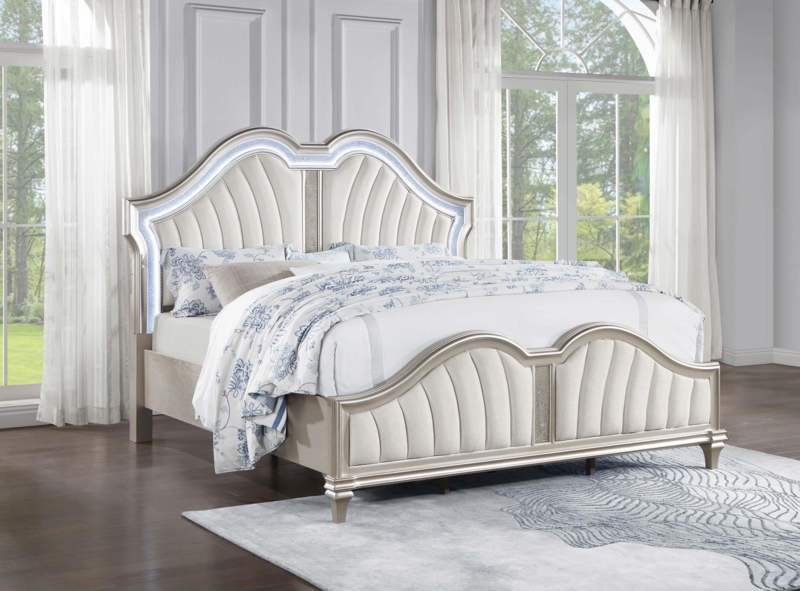 Hollywood Regency Queen Bed: Silver Oak & Ivory with LED Backlighting