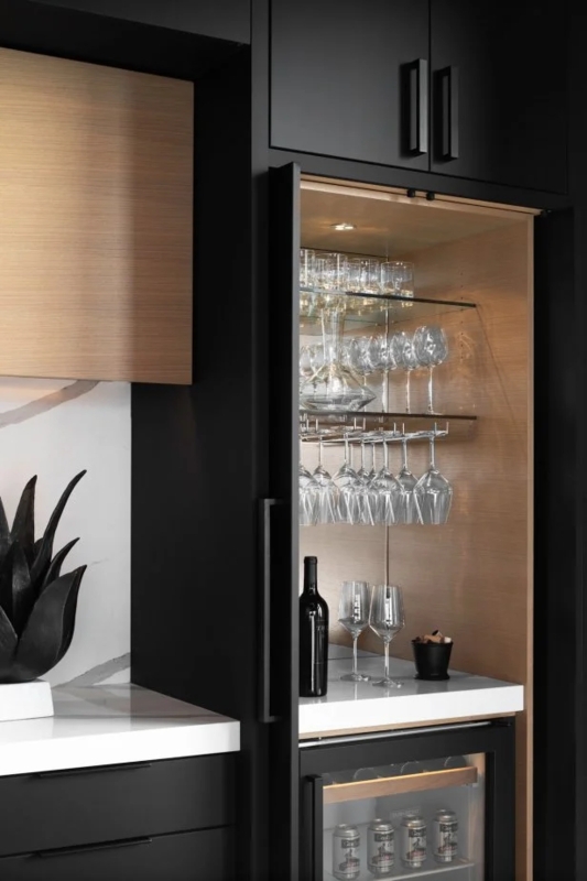 Home Bar Cabinet Matte Black Wood Toned Interior Pocket Door