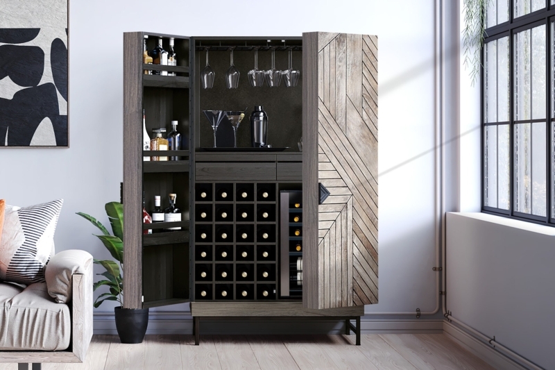 Home Bar Cabinet Weathered Grey with Chevron Pattern Doors
