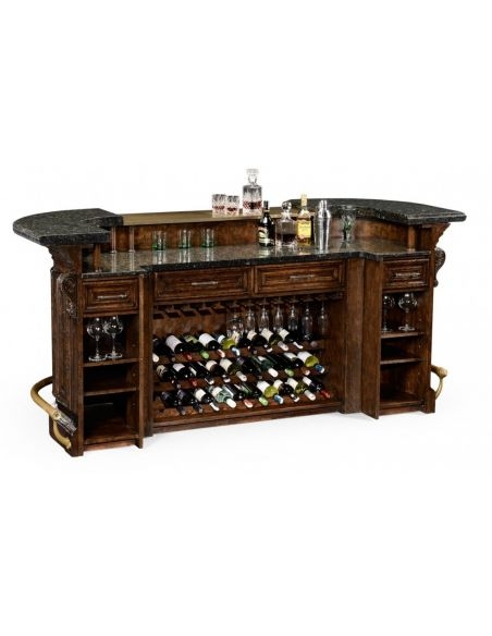 Home Bar Dark Oak with Granite Top and Brass Rail