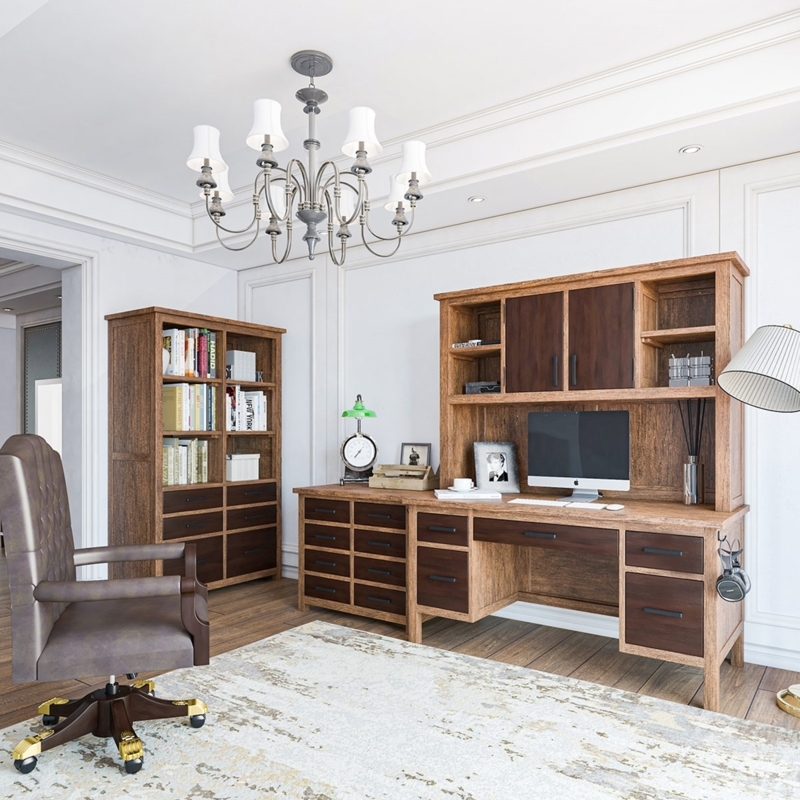 Home Office Set Two-Tone Teak Hutch Desk Tufted Chair Rustic