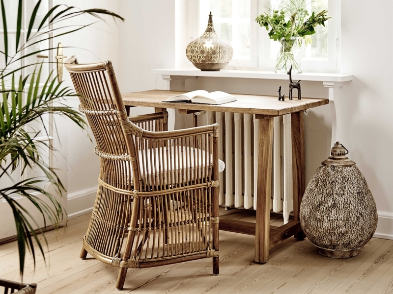 Home Office Set Woven Rattan Chair Teak Desk Coastal Boho