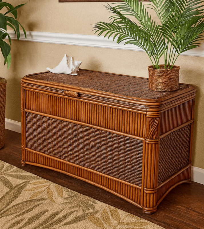 Honey Brown Rattan Storage Trunk with Pole Frame and Scalloped Base