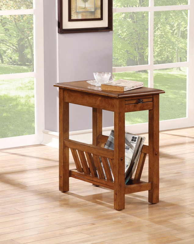 Honey Brown Wood Side Table with Storage Drawer & Slatted Magazine Rack