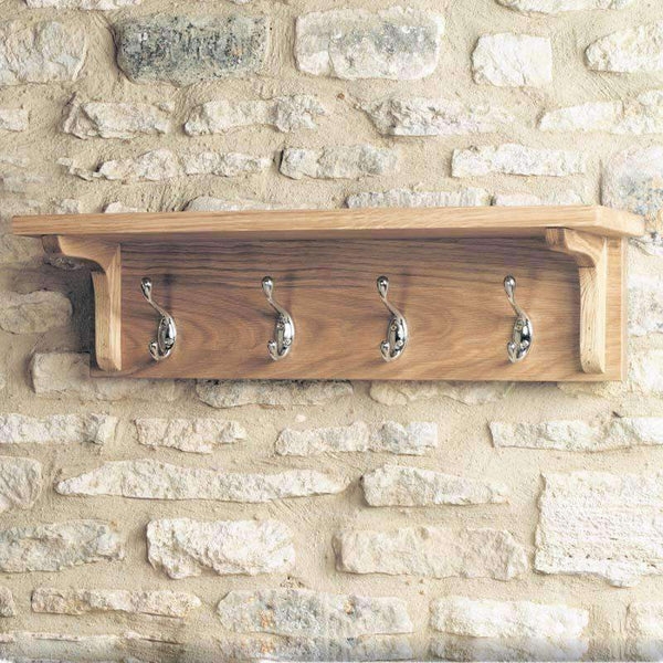 Honey Oak Coat Rack Shelf, Chrome Hooks. Farmhouse organizer.