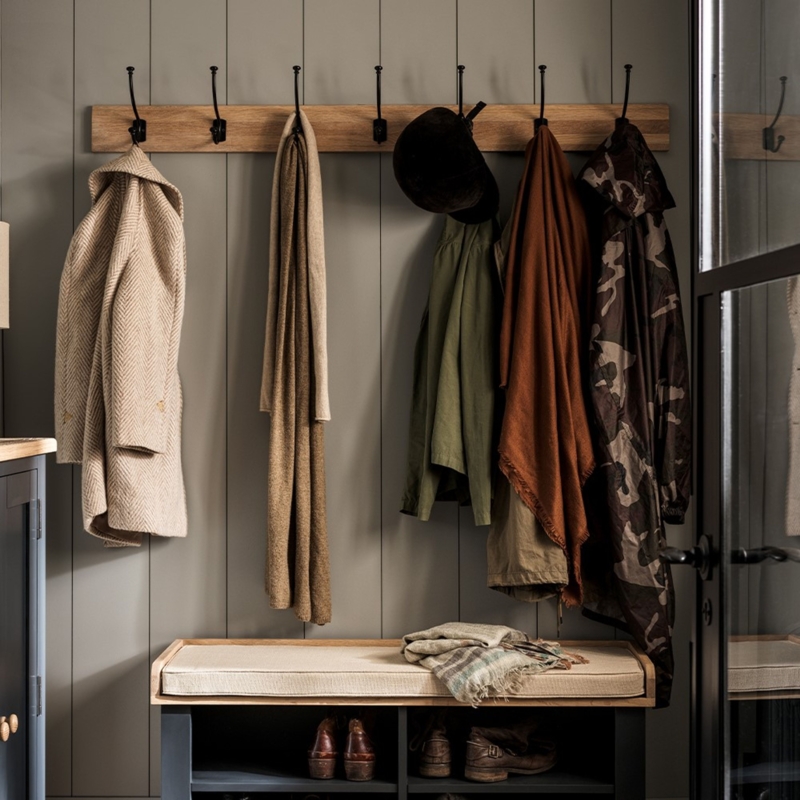 Honey Oak Coat Rail, Black Victorian Hooks. Farmhouse organizer.