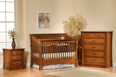 Honey Oak Crib Set featuring Mission Slats and Dark Metal Bar Pulls