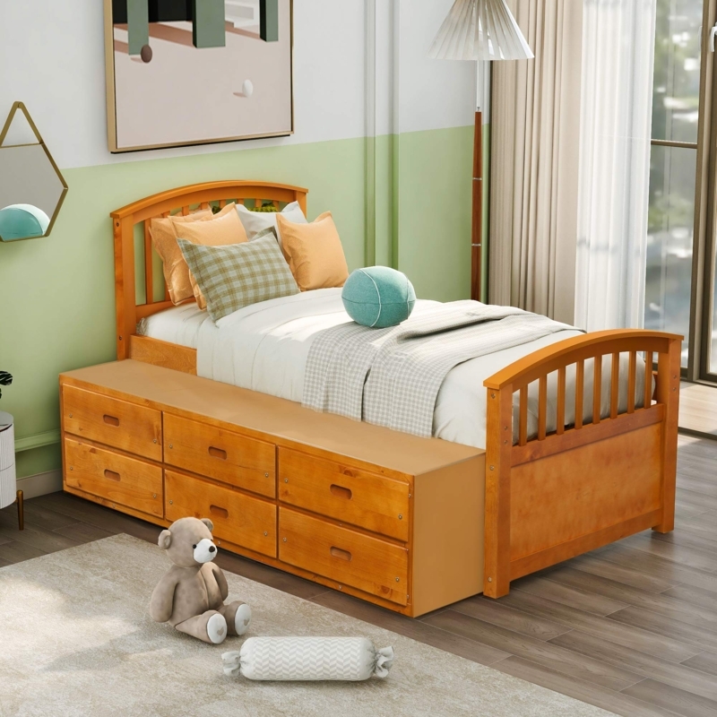 Honey Oak Twin Captains Bed Slatted Arched Design