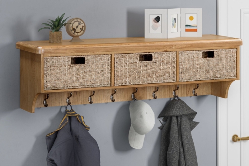 Honey Oak Wall Shelf with Eight Hanging Hooks and Three Woven Baskets
