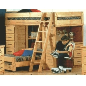 Honey Oak Wood L-Shaped Loft Bed with Desk and Chest