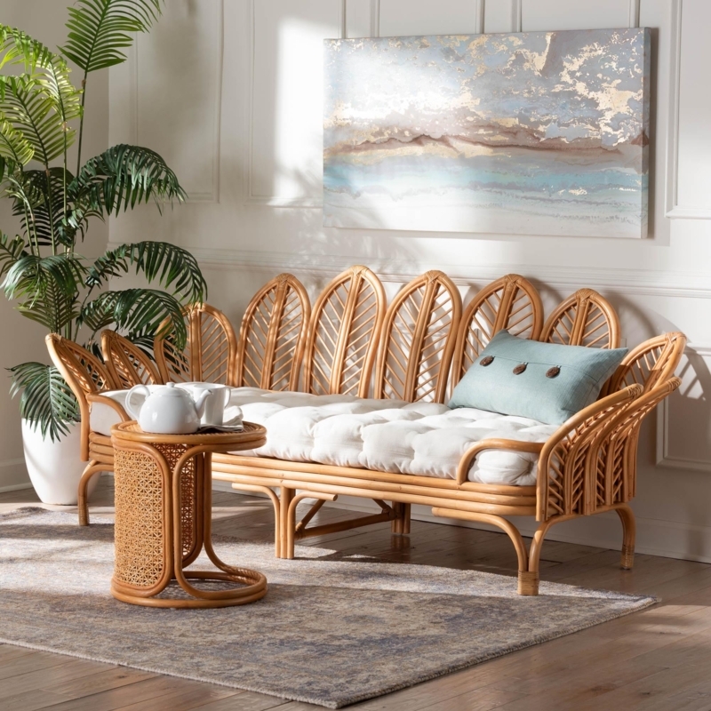 Honey Rattan Daybed, Leaf Shaped Backrest, Tufted Cushion, Boho