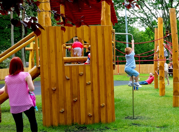 Honey Yellow Wood Climbing Wall Tower with Fireman Pole, Shingled Roof