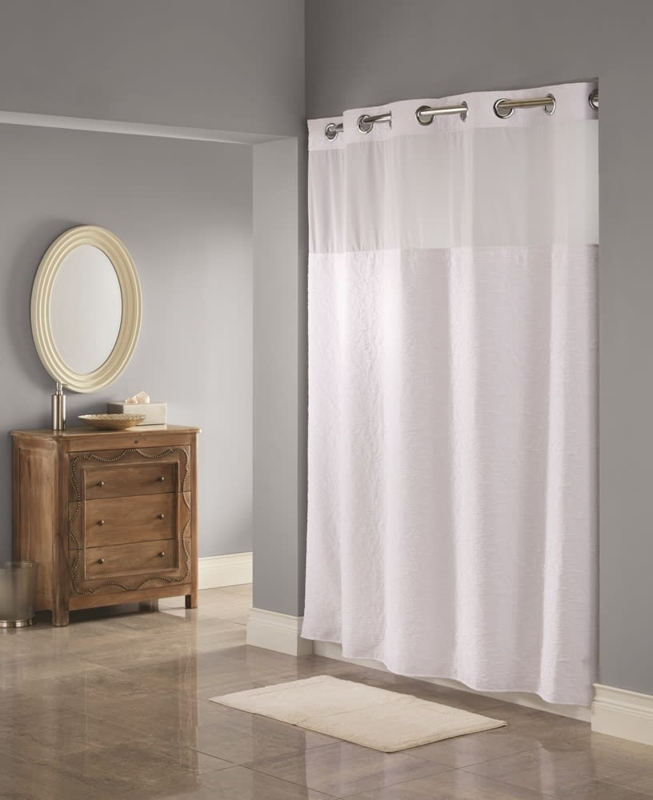 Hookless White Shower Curtain, Integrated Sheer Window, Snap-In Liner.