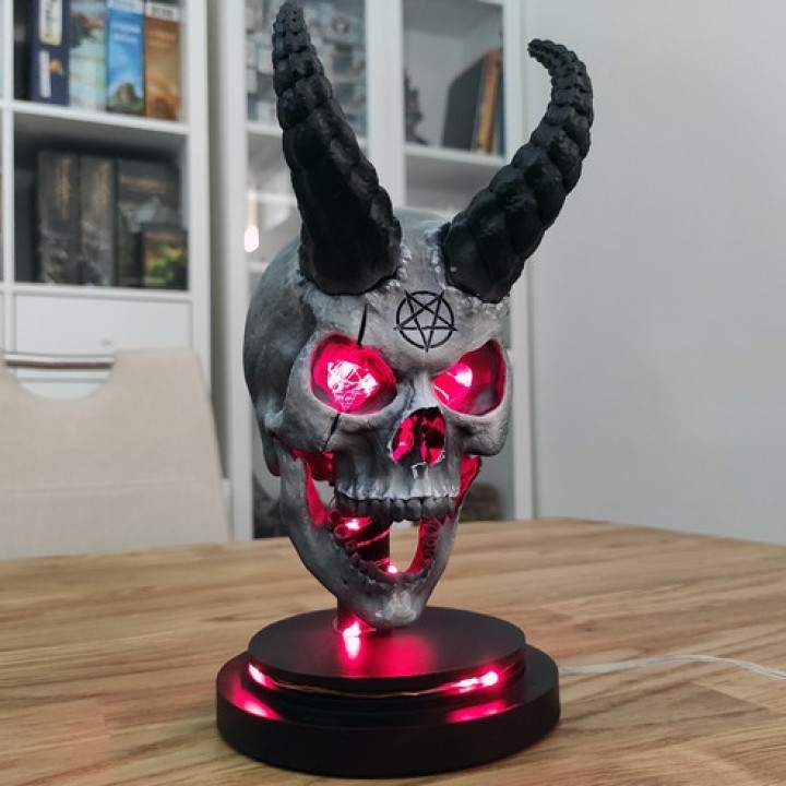 Horned Skull Table Lamp with Crimson LED and Pentagram Detail