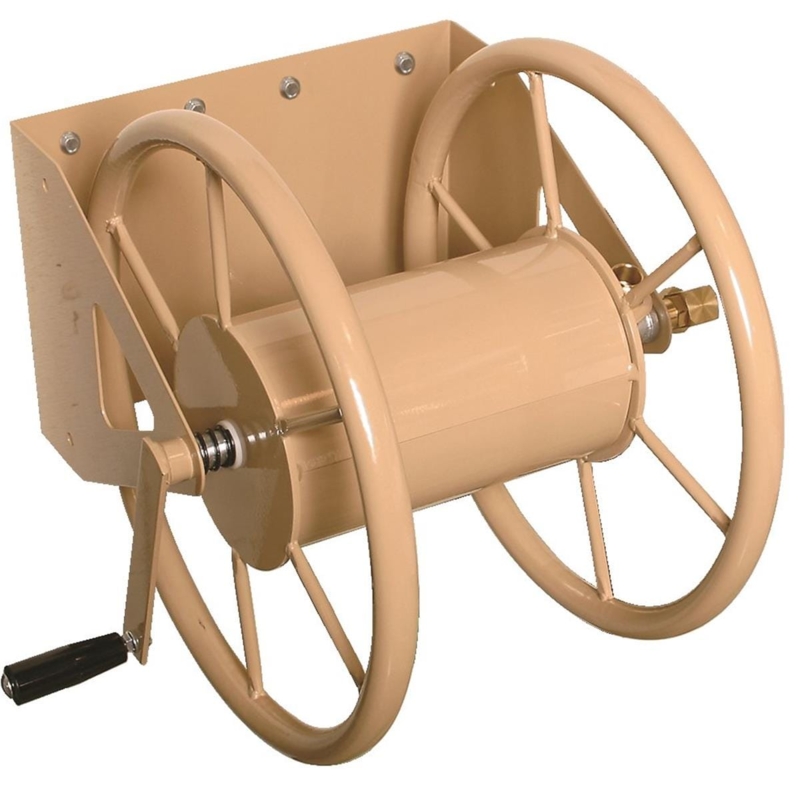 Hose Reel Tan Wall Mount Sand Beige Finish Spoked Wheels Hand Crank