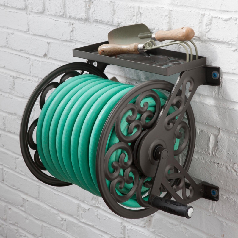 Hose Reel With Tool Shelf Vintage Dark Bronze Garden Tool Storage