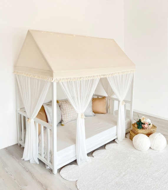 House Bed Canopy Cover in Warm Beige Canvas with Tassel Fringe Trim