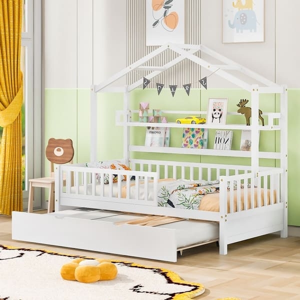 House Bed with Integrated Bookshelf, Safety Rails, and Pull Out Trundle.
