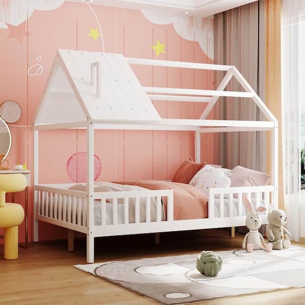House Bed with Slatted Roof Panel and Fence Safety Rail in White