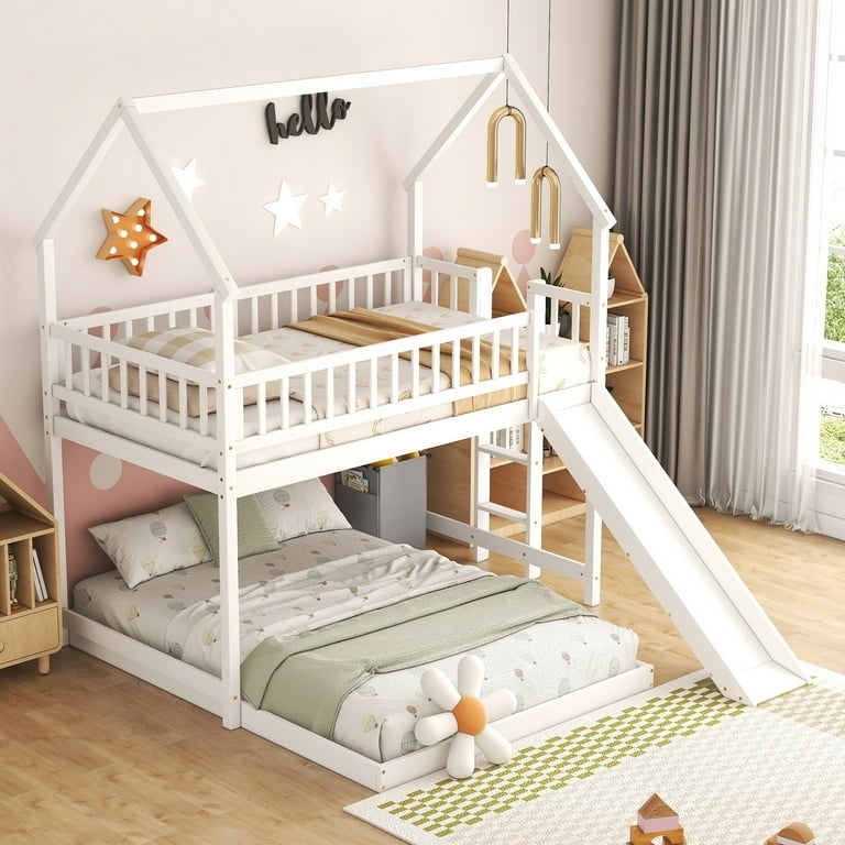 House Bunk Bed Floor Design with Slide in White